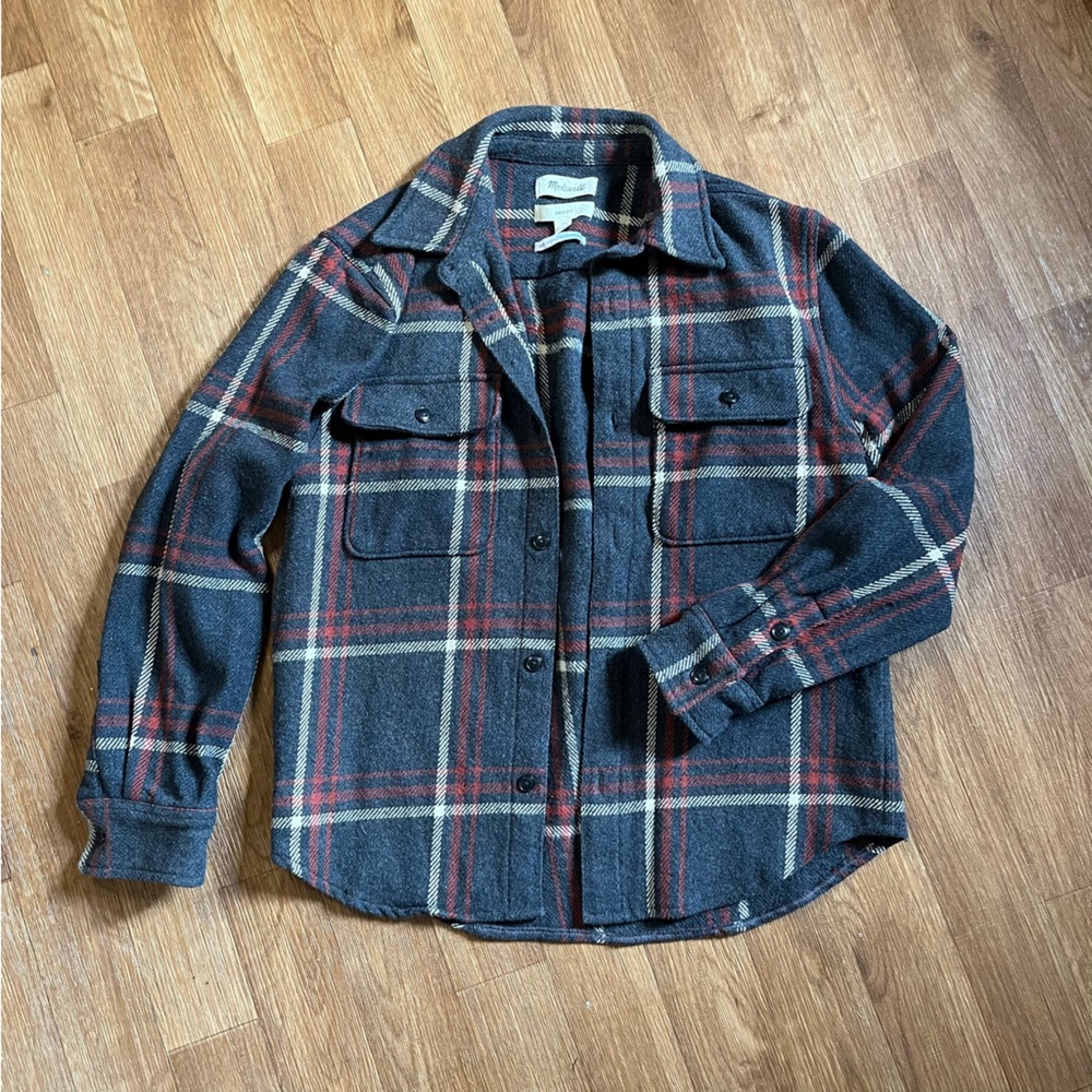 Madewell Men's Plaid Brushed Easy Shirt Jacket - Italian Fabric Maroon & Gray - Picture 4 of 11